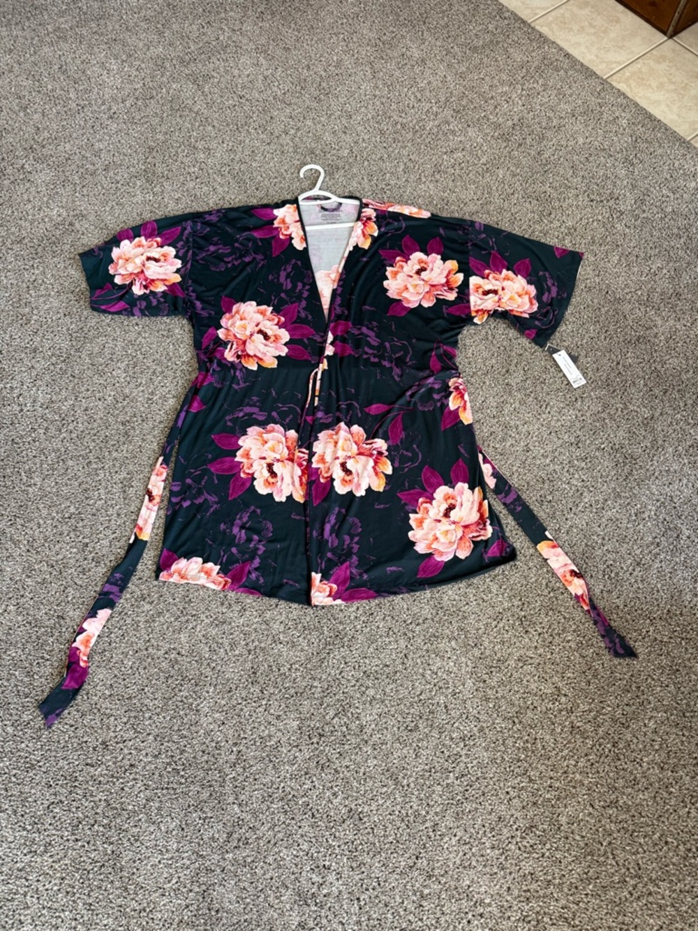 Floral Kimono Robe in Dark Navy with Pink Floral Print